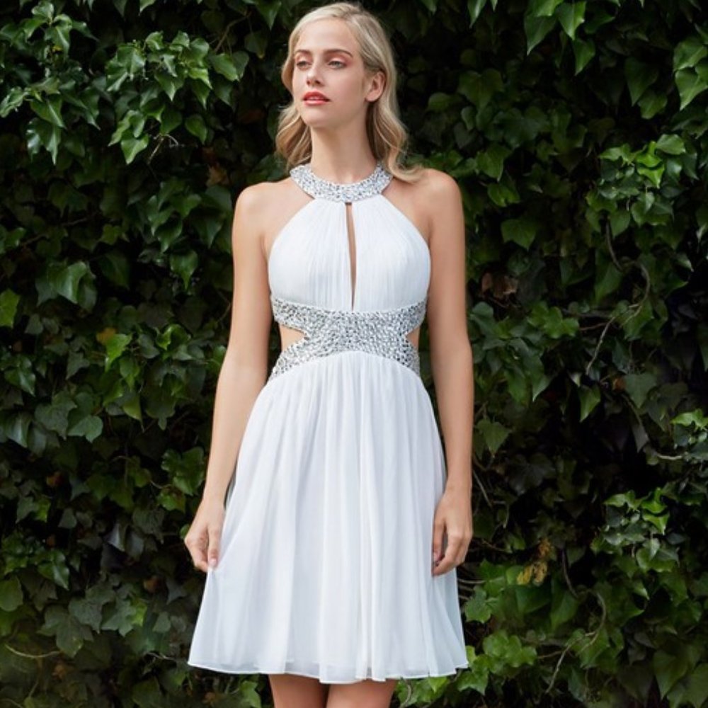 Off White Open Back Embellished Flare Dress